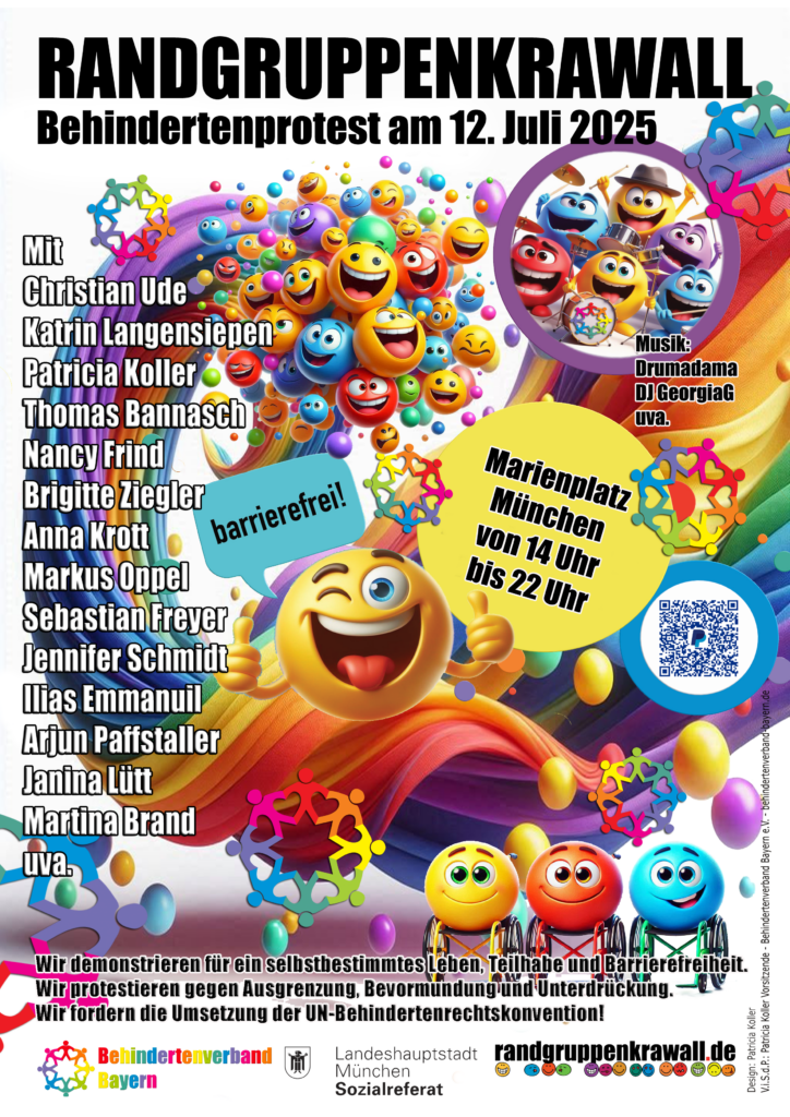 Plakat mit vielen bunten Smileys, die sich auf die Demo freuen. Infos sind im Text zu finden, deshalb hier nicht wiederholt.